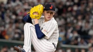 Roki Sasaki of Japan pitches during their Pool B game against the Czech Republic at the World Baseball Classic at the Tokyo Dome, Japan, Saturday, March 11, 2023. (Eugene Hoshiko/AP)