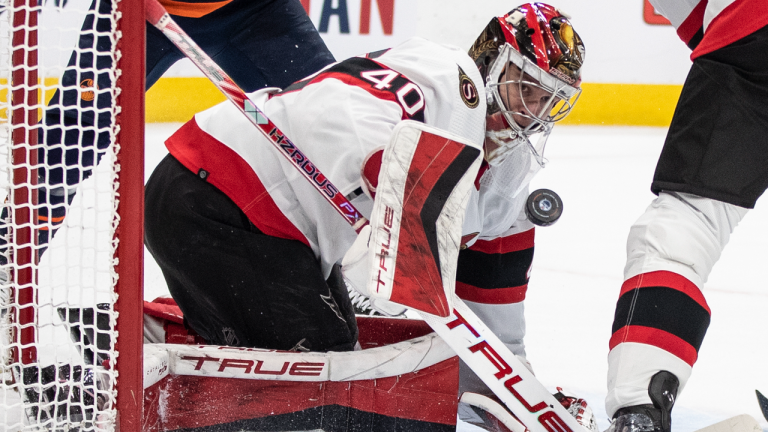 Ottawa Senators' goalie Mads Sogaard makes the save against the Edmonton Oilers during second period NHL action in Edmonton on Tuesday March 14, 2023. (Jason Franson/CP)