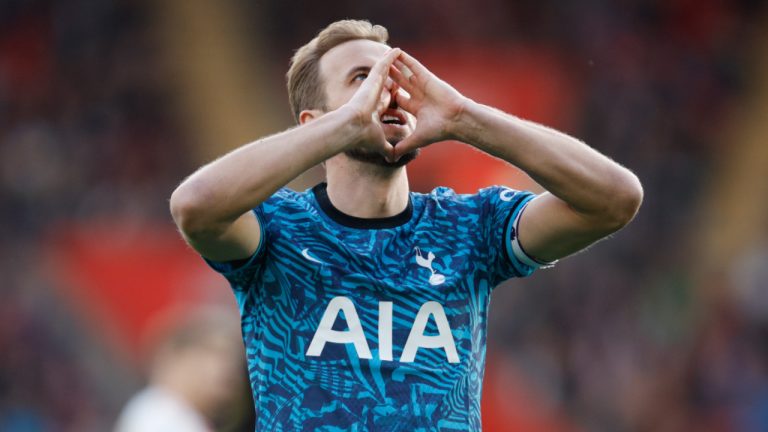 Tottenham's Harry Kane reacts after missing a chance to score during the English Premier League soccer match between Southampton and Tottenham at St Mary's Stadium in Southampton, England, Saturday, March 18, 2023. (David Cliff/AP) 