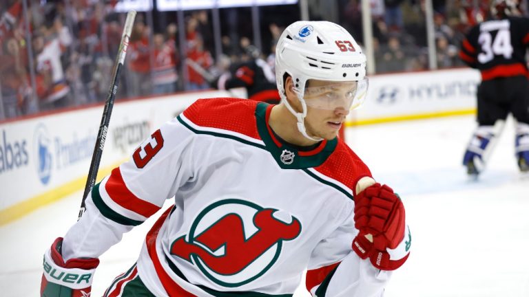 New Jersey Devils left wing Jesper Bratt (63) reacts after scoring a goal against the Ottawa Senators during the second period of an NHL hockey game, Saturday, March 25, 2023, in Newark, N.J. (Noah K. Murray/AP)