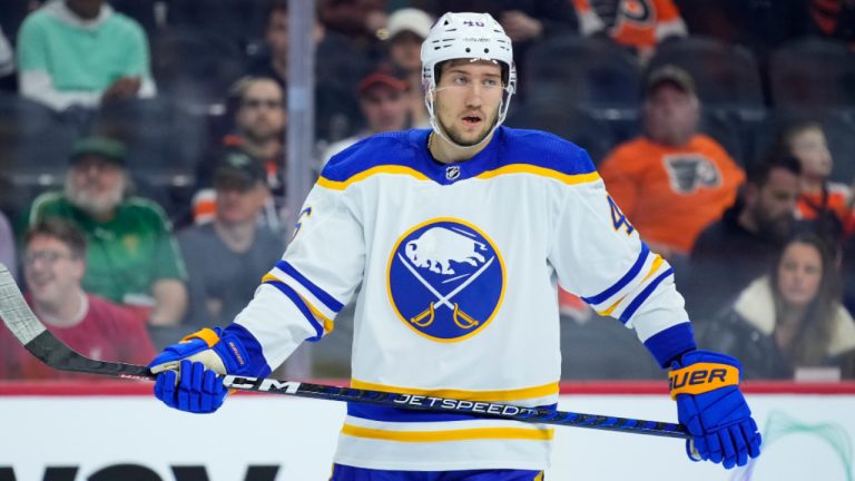 Buffalo Sabres' Ilya Lyubushkin plays during an NHL hockey game, Friday, March 17, 2023, in Philadelphia. (Matt Slocum/AP) 