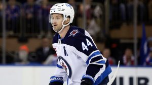 Winnipeg Jets defenseman Josh Morrissey skates against the New York Rangers in the first period of an NHL hockey game Monday, Feb. 20, 2023, in New York. (AP Photo/Adam Hunger) 