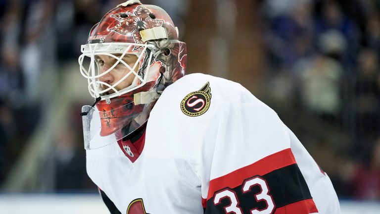 Ottawa Senators goaltender Cam Talbot waits for play to resume during the third period of an NHL hockey game against the New York Rangers, Thursday, March 2, 2023, in New York. (John Minchillo/AP)