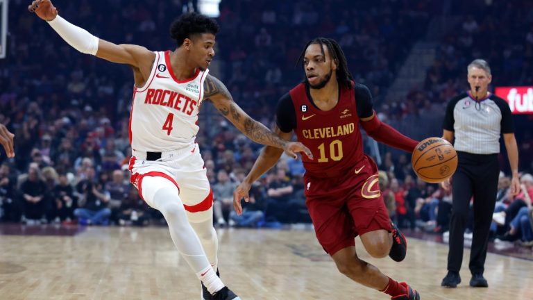 Cleveland Cavaliers guard Darius Garland (10) drives against Houston Rockets guard Jalen Green (4) during the first half of an NBA basketball game, Sunday, March 26, 2023, in Cleveland. (Ron Schwane/AP)