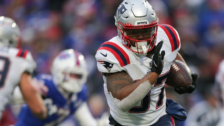 New England Patriots running back Damien Harris  runs during the second half of an NFL football game against the Buffalo Bills on Sunday, Jan. 8, 2023, in Orchard Park, N.Y. (Joshua Bessex/AP)