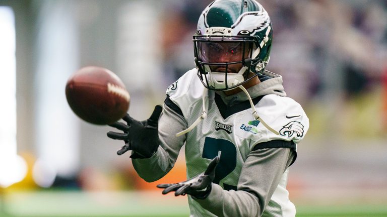 Philadelphia Eagles cornerback Darius Slay runs a drill during an NFL football workout, Thursday, Jan. 26, 2023, in Philadelphia. (Chris Szagola/AP)