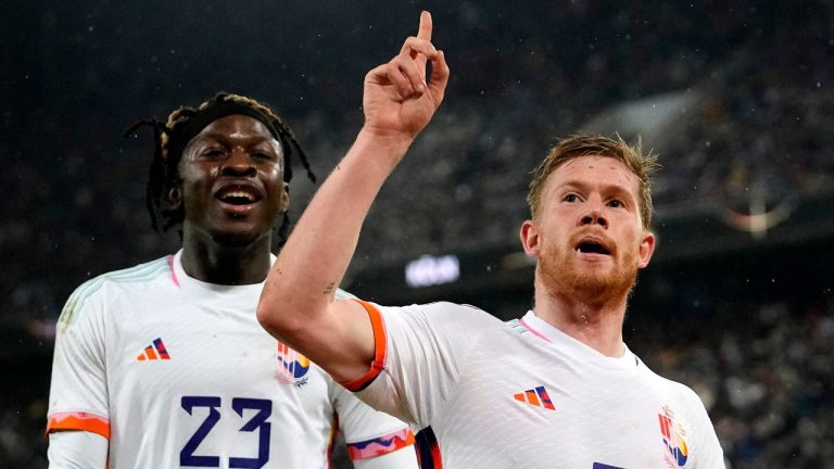 Belgium's Kevin De Bruyne celebrates after scoring the third goal against Germany during the international friendly soccer match between Germany and Belgium in Cologne, Germany, Tuesday March 28, 2023. (Martin Meissner/AP Photo)