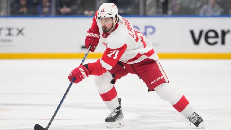 Detroit Red Wings' Dylan Larkin (71) looks to pass during the first period of an NHL hockey game against the New York Islanders Friday, Jan. 27, 2023, in Elmont, N.Y. (Frank Franklin II/AP)