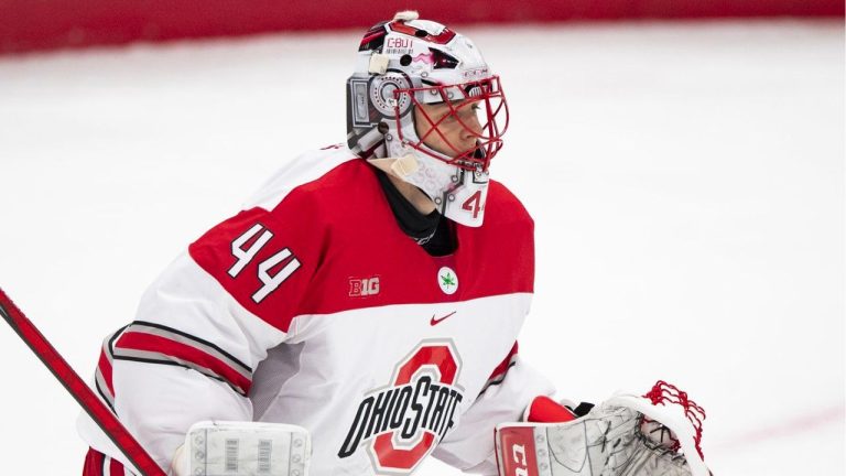 Ohio State goaltender Jakub Dobes during an NCAA hockey game against Minnesota on Friday, Oct. 28, 2022 in Columbus, Ohio. (Emilee Chinn/CP Photo)