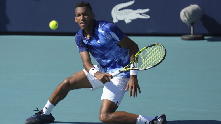 Felix Auger Aliassime, of Canada, returns a volley against Thiago Monteiro, of Brazil, in the first set of a match at the Miami Open tennis tournament, Saturday, March 25, 2023, in Miami Gardens, Fla. (Jim Rassol/AP)