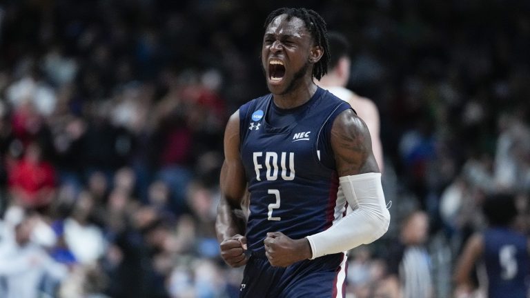 Fairleigh Dickinson guard Demetre Roberts (2) celebrates in the second half of a first-round college basketball game against Purdue in the men's NCAA Tournament in Columbus, Ohio, Friday, March 17, 2023. (Michael Conroy/AP)