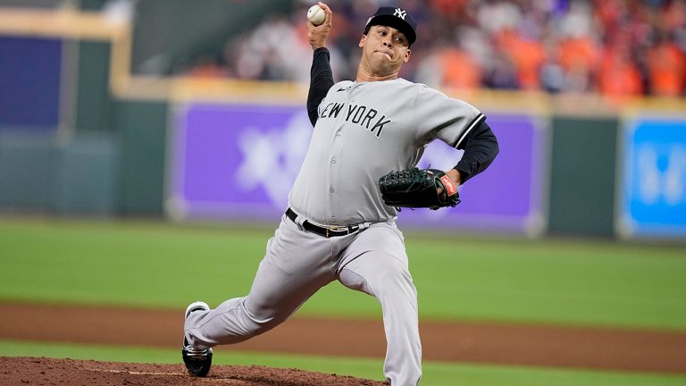 New York Yankees reliever Frankie Montas works on the mound during the seventh inning in Game 1 of baseball's American League Championship Series between the Houston Astros and the New York Yankees, Wednesday, Oct. 19, 2022, in Houston. (Kevin. M. Cox/AP)