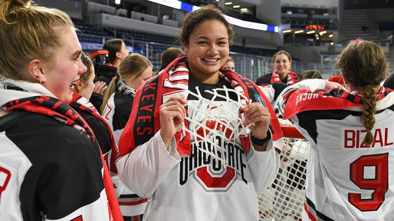 Sophie Jaques of the Ohio State Buckeyes celebrates after defeating the Minnesota Duluth Bulldogs 3-2 during the Division I Women’s Ice Hockey Championship held at Pegula Ice Arena on March 20, 2022 in University Park, Pennsylvania. (Justin Berl/NCAA Photos/NCAA Photos via Getty Images)