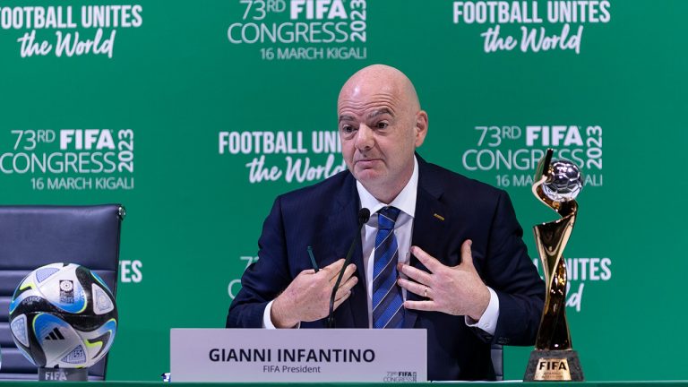 FIFA president Gianni Infantino speaks during a press conference at the 73rd FIFA Congress, held in Kigali, Rwanda Thursday, March 16, 2023. (AP)