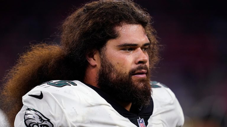 Philadelphia Eagles guard Isaac Seumalo  watches from the sideline in the first half of an NFL football game against the Houston Texans in Houston, Thursday, Nov. 3, 2022. (Tony Gutierrez/AP)