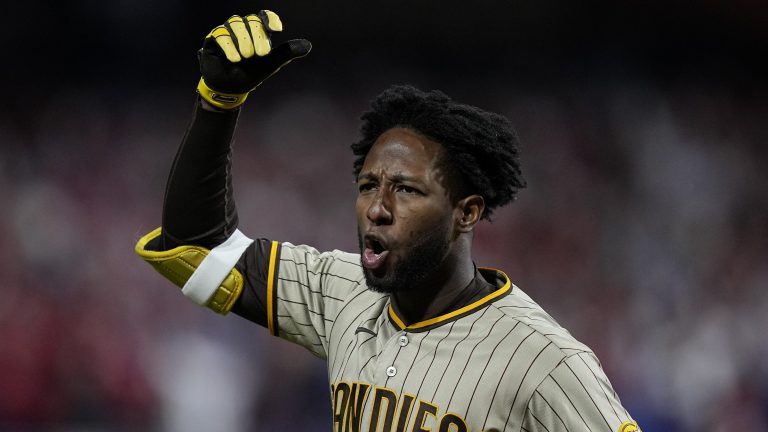 Former San Diego Padres outfielder Jurickson Profar reacts after striking out during the ninth inning in Game 3 of the baseball NL Championship Series between the San Diego Padres and the Philadelphia Phillies on Friday, Oct. 21, 2022, in Philadelphia. (Brynn Anderson/AP)