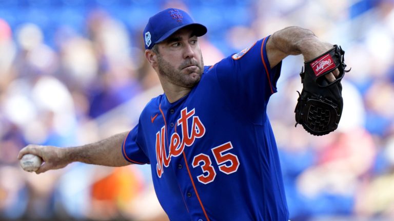 New York Mets starting pitcher Justin Verlander (35) throws during the first inning of a spring training baseball game against the Houston Astros, Friday, March 10, 2023, in Port St. Lucie, Fla. (Lynne Sladky/AP)