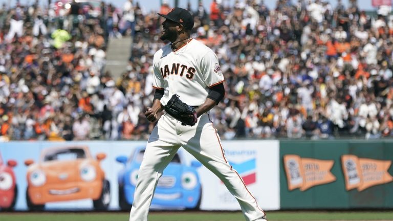 Former San Francisco Giants pitcher Jay Jackson reacts after Pittsburgh Pirates' Kevin Newman hit into a double play during the sixth inning of a baseball game in San Francisco, Sunday, July 25, 2021. (Jeff Chiu/AP)