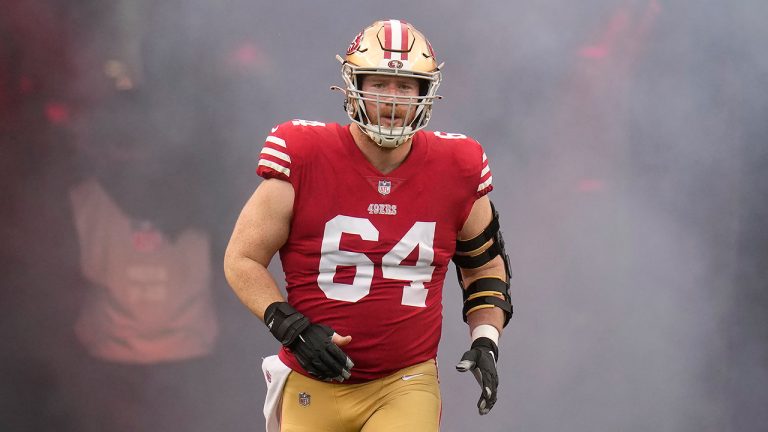 San Francisco 49ers center Jake Brendel (64) is introduced before an NFL wild card playoff football game against the Seattle Seahawks in Santa Clara, Calif., Saturday, Jan. 14, 2023. (Godofredo A. Vásquez/AP)