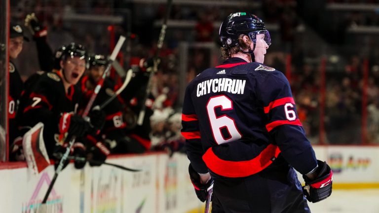 Ottawa Senators defenceman Jakob Chychrun (6) celebrates a goal against the Columbus Blue Jackets during second period NHL hockey action. (Sean Kilpatrick/CP)