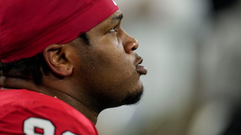 Georgia defensive lineman Jalen Carter sits on the bench during the second half of the national championship NCAA College Football Playoff game against TCU, Monday, Jan. 9, 2023, in Inglewood, Calif. (Ashley Landis/AP)