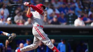 Team Canada designated hitter Jared Young swings at a pitch during an exhibition game for the World Baseball Classic. (Eugenio Matos/Canada Baseball)