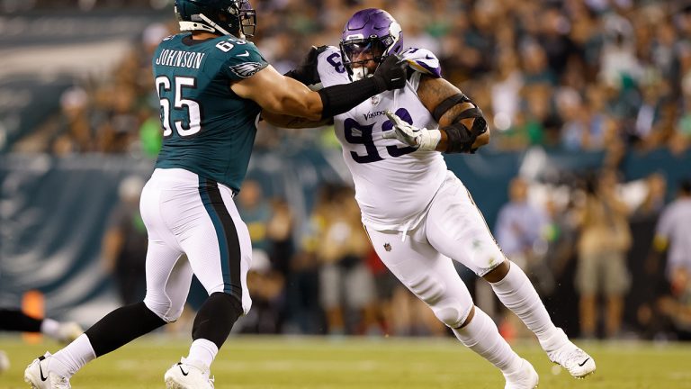 Minnesota Vikings defensive lineman Jonathan Bullard (93) rushes against Lane Johnson (65) during an NFL football game against the Philadelphia Eagles on Monday, Sept. 19, 2022, in Philadelphia. (Matt Patterson/AP)