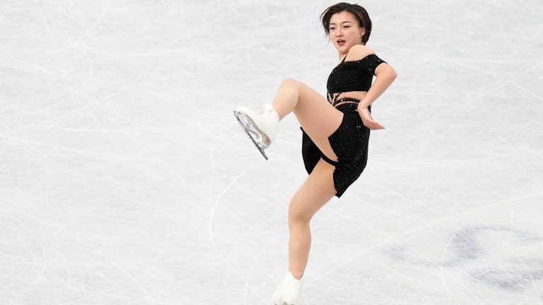 Kaori Sakamoto of Japan performs during the women's short program in the World Figure Skating Championships in Saitama, north of Tokyo, Wednesday, March 22, 2023. (Hiro Komae/AP)