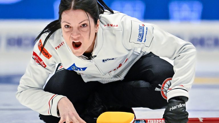 Canada's Skip Kerri Einarson in action during the match between USA and Canada during the round robin session 3 of the LGT World Women's Curling Championship at Goransson Arena in Sandviken, Sweden, Sunday, March 19, 2023. (Jonas Ekstromer/AP)