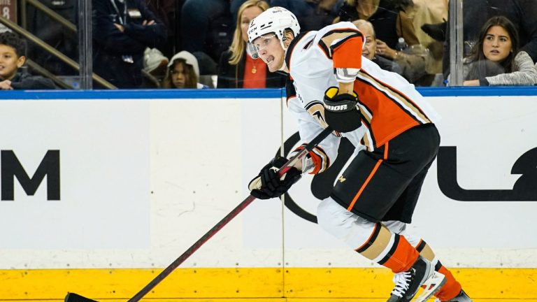 Anaheim Ducks defenceman John Klingberg skates with the puck during the first period of an NHL hockey game against the New York Rangers, Monday, Oct. 17, 2022, in New York. (Julia Nikhinson/AP Photo)