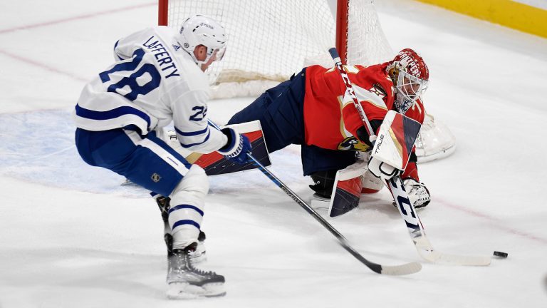 Florida Panthers goaltender Sergei Bobrovsky stops Toronto Maple Leafs center Sam Lafferty (28) from scoring during the first period of an NHL hockey game, Thursday, March 23, 2023, in Sunrise, Fla. (Michael Laughlin/AP)