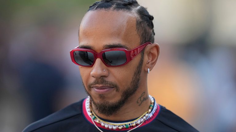 Mercedes driver Lewis Hamilton of Britain arrives for an interview at the Bahrain International Circuit in Sakhir, Bahrain, Thursday, March 2, 2023. (Frank Augstein/AP)