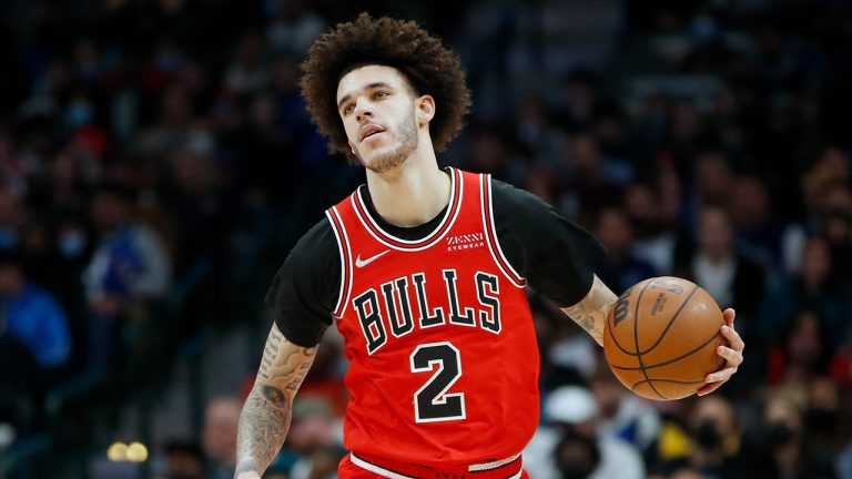 Chicago Bulls guard Lonzo Ball (2) dribbles the ball up the court against the Dallas Mavericks in the first half of an NBA basketball game in Dallas, Jan. 9, 2022. (Tim Heitman/AP)