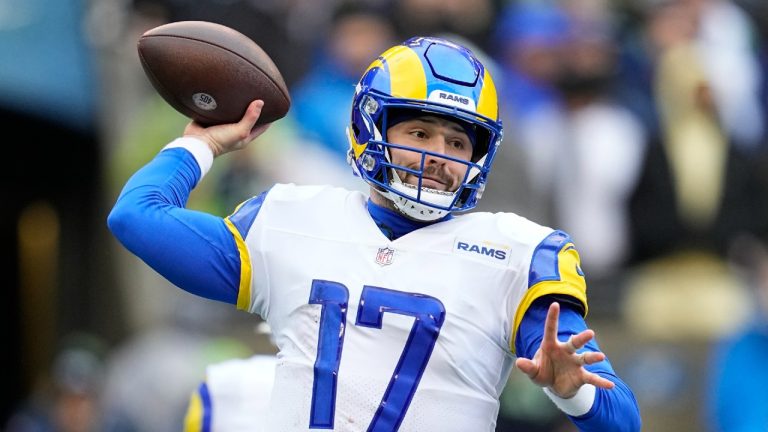 Los Angeles Rams quarterback Baker Mayfield throws against the Seattle Seahawks during the first half of an NFL football game Sunday, Jan. 8, 2023, in Seattle. (Abbie Parr/AP)