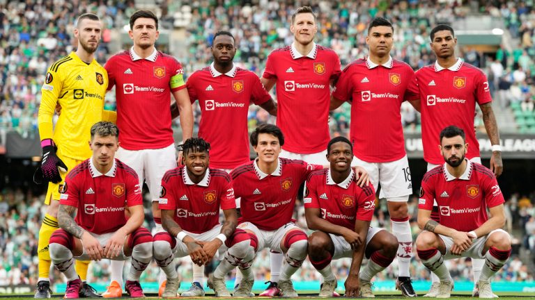 Manchester United's players pose for a team picture before the Europa League round of 16 second leg soccer match between Real Betis and Manchester United at the Benito Villamarin stadium in Seville, Spain, Thursday, March 16, 2023. (Jose Breton/AP)