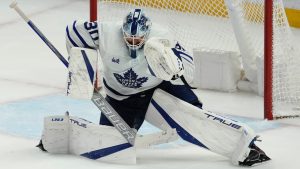 The puck hits the net behind Toronto Maple Leafs goaltender Matt Murray during overtime NHL action against the Ottawa Senators, Ottawa, Saturday, March 18, 2023. The Toronto Maple Leafs defeated the Ottawa Senators in penalty shots. (Adrian Wyld/CP)