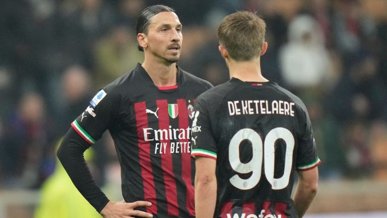 AC Milan's Zlatan Ibrahimovic, left, and Charles De Ketelaere react after the Serie A soccer match between AC Milan and Salernitana at the San Siro stadium in Milan, Italy, Monday, March 13, 2023. (Luca Bruno/AP Photo)