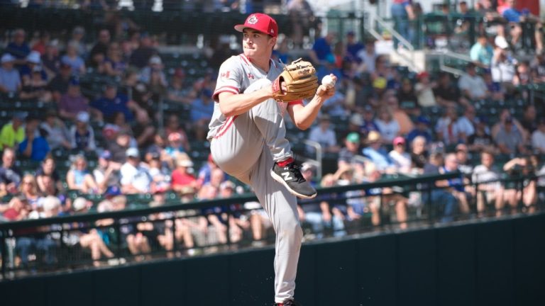 Team Canada lefty Mitch Bratt delivers in a World Baseball Classic exhibition game. (Photo by Eugenio Matos/Baseball Canada)