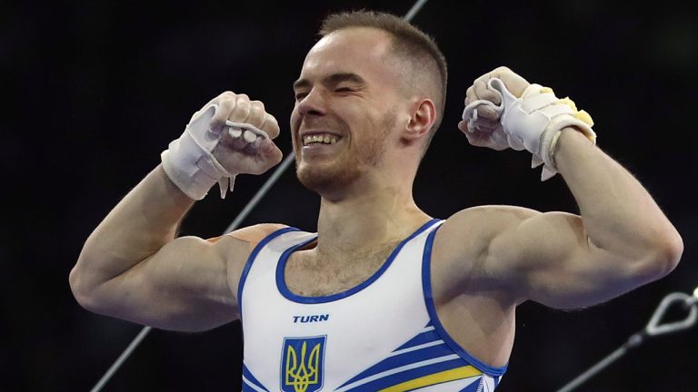 Oleg Verniaiev of the Ukraine celebrates after his performance on the horizontal bar in the men's all-around final at the Gymnastics World Championships in Stuttgart, Germany, Friday, Oct. 11, 2019.  (Matthias Schrader/AP)