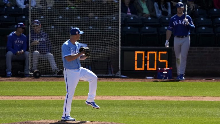 Kansas City Royals Nick Wittgren throws before a pitch clock runs down during the fifth inning of a spring training baseball game against the Texas Rangers Friday, Feb. 24, 2024, in Surprise, Ariz. (Charlie Riedel/AP)