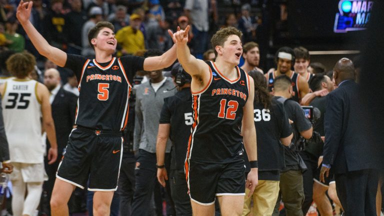 Princeton guard Ryan Langborg (3) and forward Caden Pierce (12) celebrate the team's win over Missouri in a second-round college basketball game in the men's NCAA Tournament in Sacramento, Calif., Saturday, March 18, 2023. Princeton won 78-63. (Randall Benton/AP)