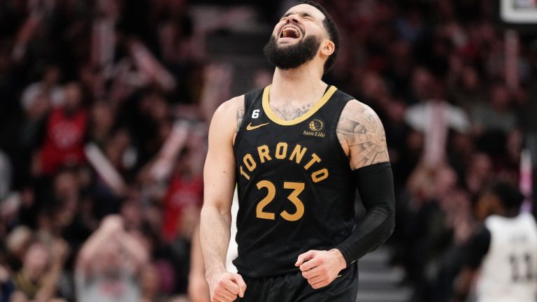 Toronto Raptors guard Fred VanVleet (23) celebrates a basket during second half NBA basketball action against the Minnesota Timberwolves, in Toronto, Saturday, March 18, 2023. (Frank Gunn/CP)