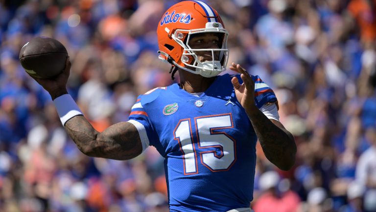 Florida quarterback Anthony Richardson (15) throws a pass during the first half of an NCAA college football game against Eastern Washington, Sunday, Oct. 2, 2022, in Gainesville, Fla. (Phelan M. Ebenhack/AP)