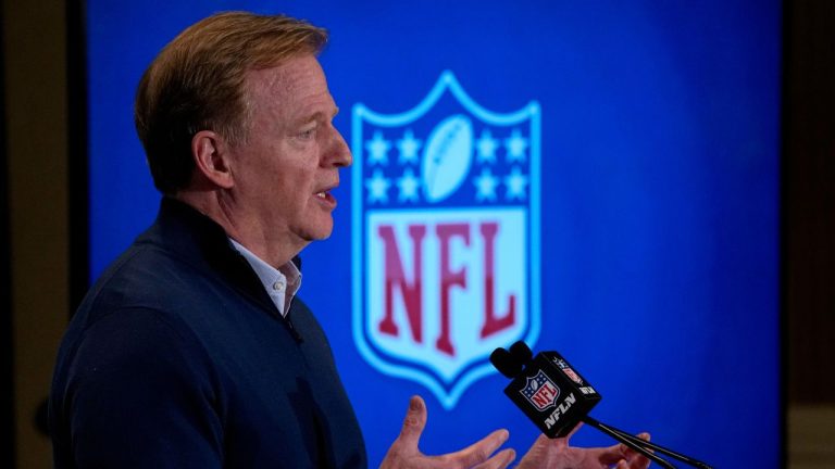 NFL Commissioner Roger Goodell speaks during a media availability at the NFL football meetings, Tuesday, March 28, 2023, in Phoenix. (Matt York/AP Photo)