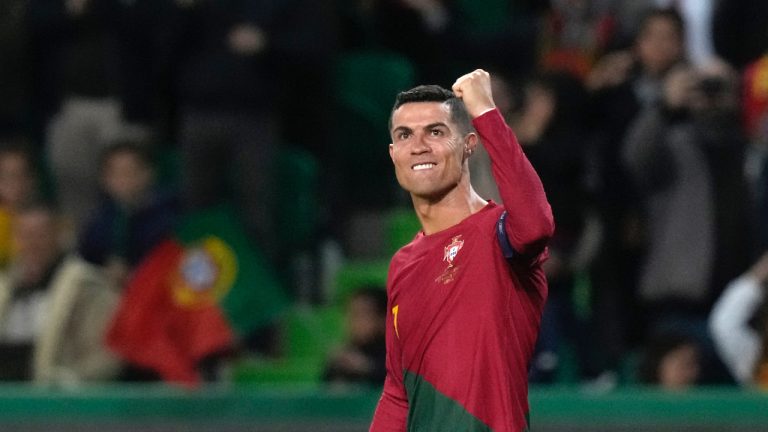 Portugal's Cristiano Ronaldo celebrates after scoring his side's fourth goal during the Euro 2024 group J qualifying soccer match between Portugal and Liechtenstein at the Jose Alvalade stadium in Lisbon, Portugal, Thursday, March 23, 2023. (Armando Franca/AP)