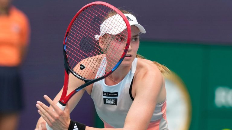 Elena Rybakina of Kazakhstan waits for a hit by Martina Trevisan of Italy during the Miami Open tennis tournament, Tuesday, March 28, 2023, in Miami Gardens, Fla. (Marta Lavandier/AP Photo)