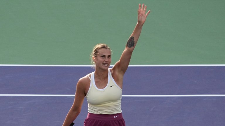 Aryna Sabalenka, of Belarus, celebrates after defeating Maria Sakkari, of Greece, in a semifinal match at the BNP Paribas Open tennis tournament Friday, March 17, 2023, in Indian Wells, Calif. (Mark J. Terrill/AP)