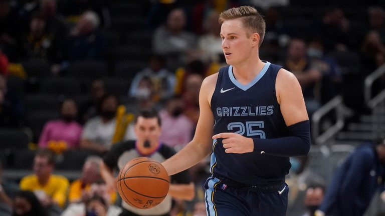 Memphis Grizzlies' Sam Merrill (25) dribbles during the second half of an NBA preseason basketball game against the Indiana Pacers, Oct. 13, 2021, in Indianapolis. (Darron Cummings/AP)