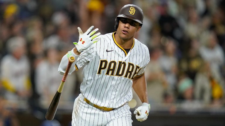 San Diego Padres' Juan Soto tosses his bat after flying out during the sixth inning in Game 3 of a baseball NL Division Series against the Los Angeles Dodgers, Friday, Oct. 14, 2022, in San Diego. (Ashley Landis/AP)