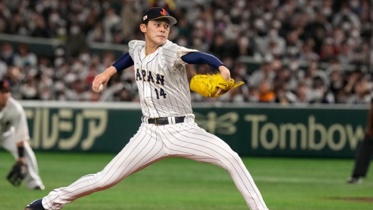 Roki Sasaki of Japan pitches during their Pool B game against the Czech Republic at the World Baseball Classic at the Tokyo Dome, Japan, Saturday, March 11, 2023. (Eugene Hoshiko/AP)